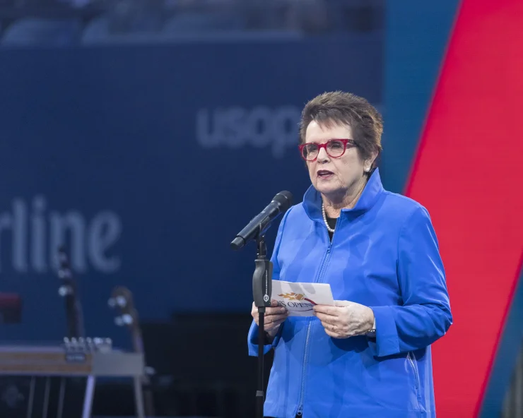 New York, NY USA - August 28, 2017: Billie Jean King speaks during the Opening Night Ceremony of 2017 US Open Championships at Billie Jean King Tennis center