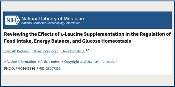 A screenshot of an NCBI study titled "Reviewing the Effects of l-Leucine Supplementation in the Regulation of Food Intake, Energy Balance, and Glucose Homeostasis"