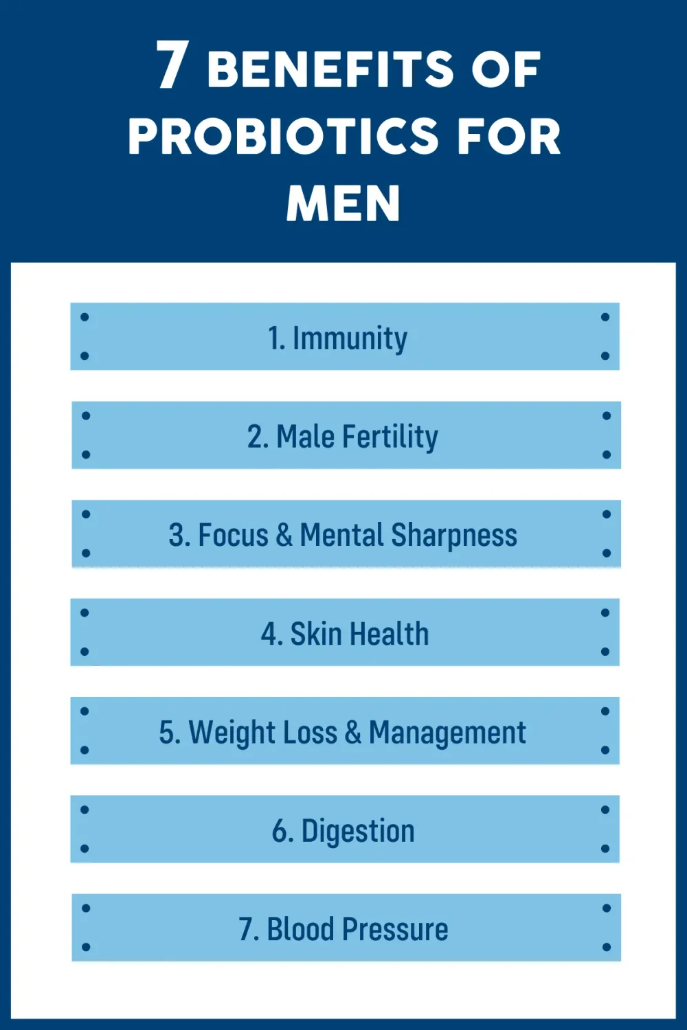 Infographic showing 7 benefits of probiotics for men.