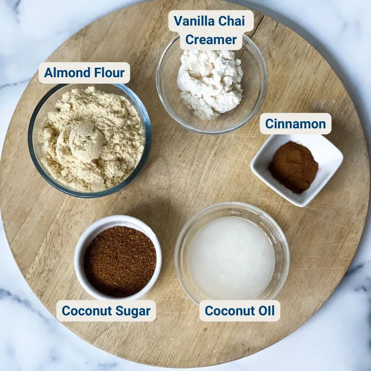 Top shot of crumb topping ingredients with their names labeled next to them.