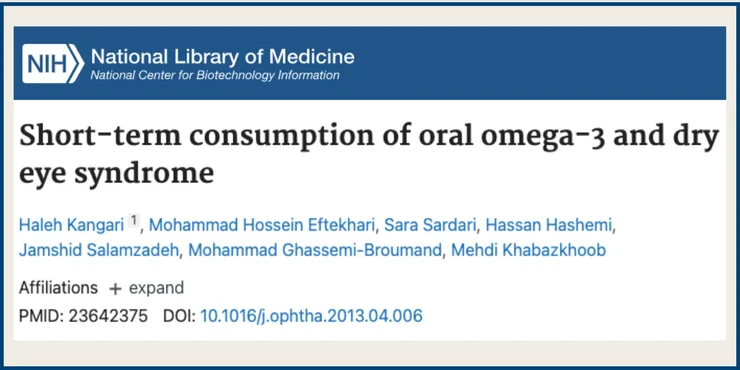 Screenshot of an NCBI study titled "Short-term consumption of oral omega-3 and dry eye syndrome"