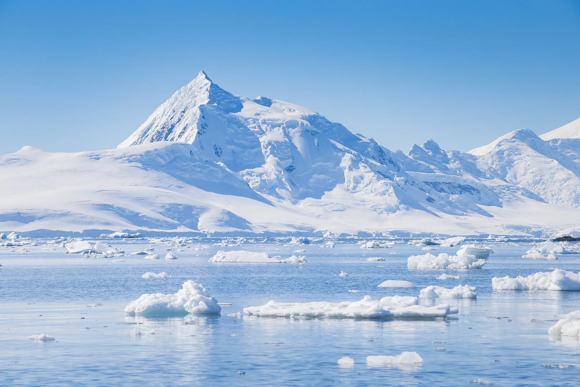 Antarctic landscape with glaciers, icebergs, and mountains. Where pure krill oil is sourced from.