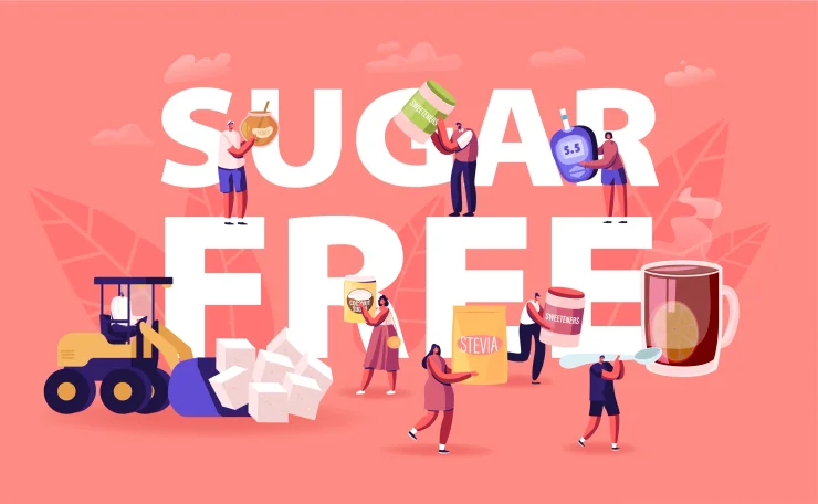 Sugar Free Concept. People Eating Natural Sweeteners Remove Cane Sugar from Nutrition Use Honey, Coconut Extract and Stevia Eco Production Poster Banner Flyer