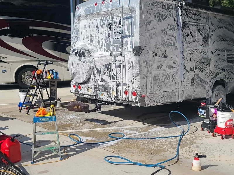 Motorhome covered in foam during a wash