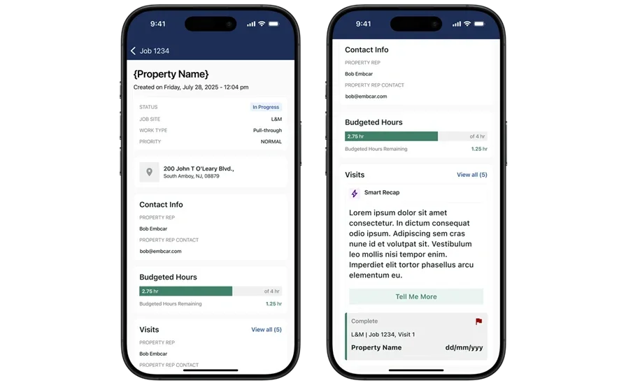 Technician app showing job info and budgeted hours with description