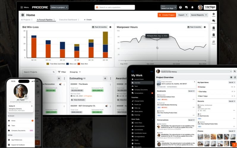 A mock-up of Procore’s interface for laptop, tablet, and mobile phone