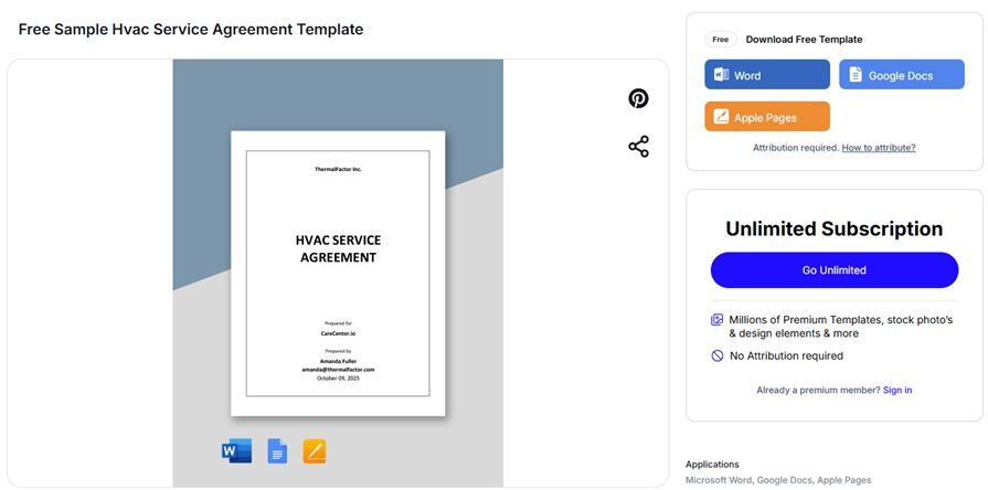 Example of free downloadable HVAC template on Template.net