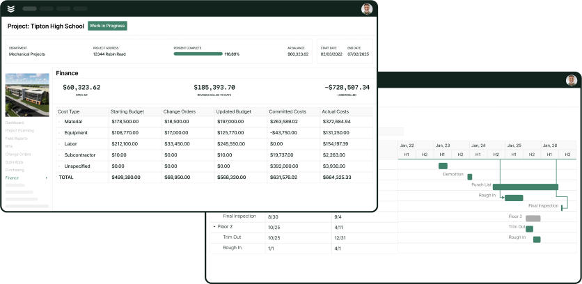 BuildOps project dashboards comparing timelines, budgets, and costs