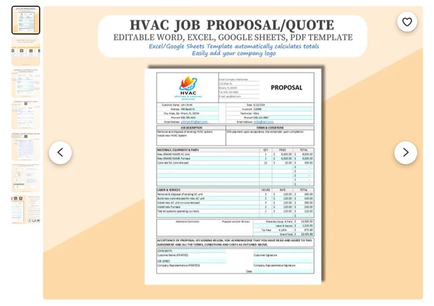 Example of HVAC spreadsheet template in Etsy
