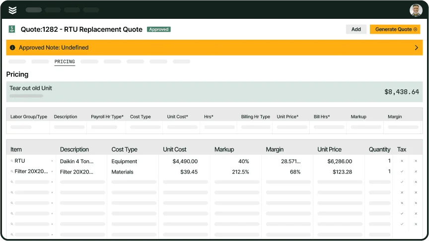 BuildOps Quoting feature for example electrical work