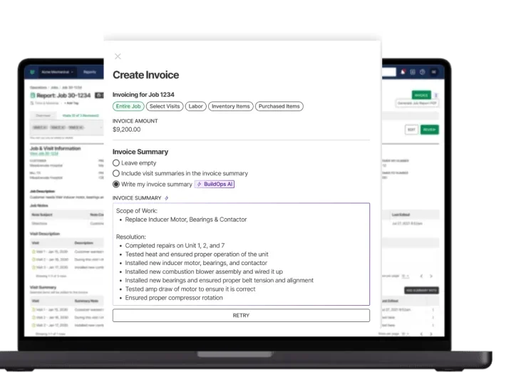 BuildOps AI writing an invoice summary automatically