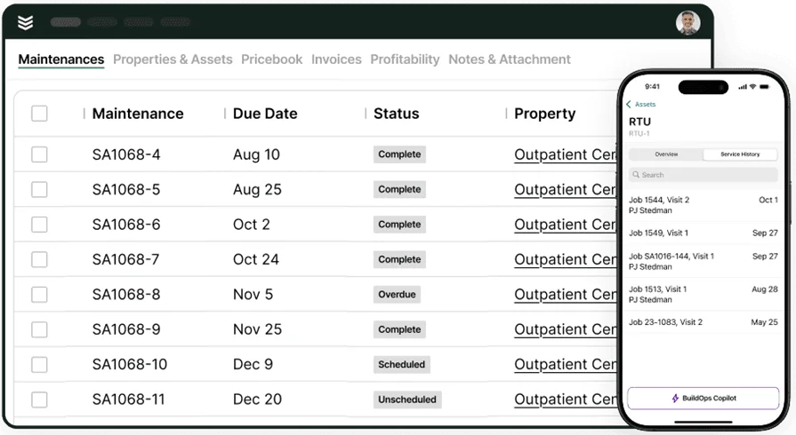 Desktop and app views in BuildOps of maintenance agreements
