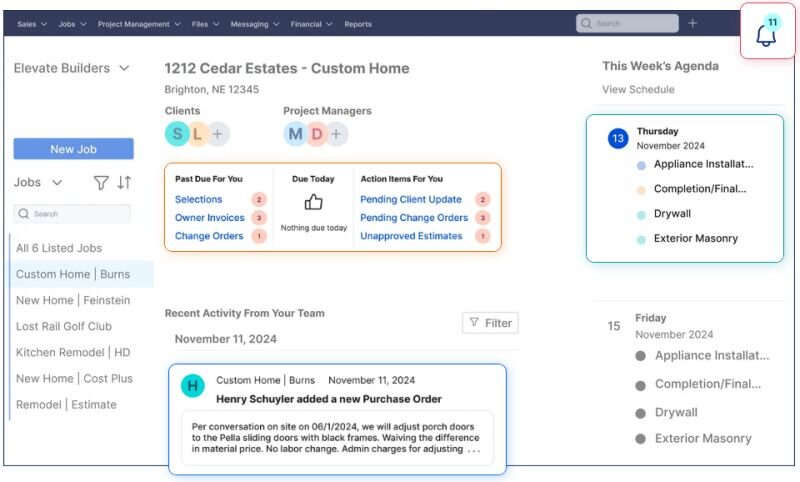 A mock-up of Buildertrend’s dashboard for a project
