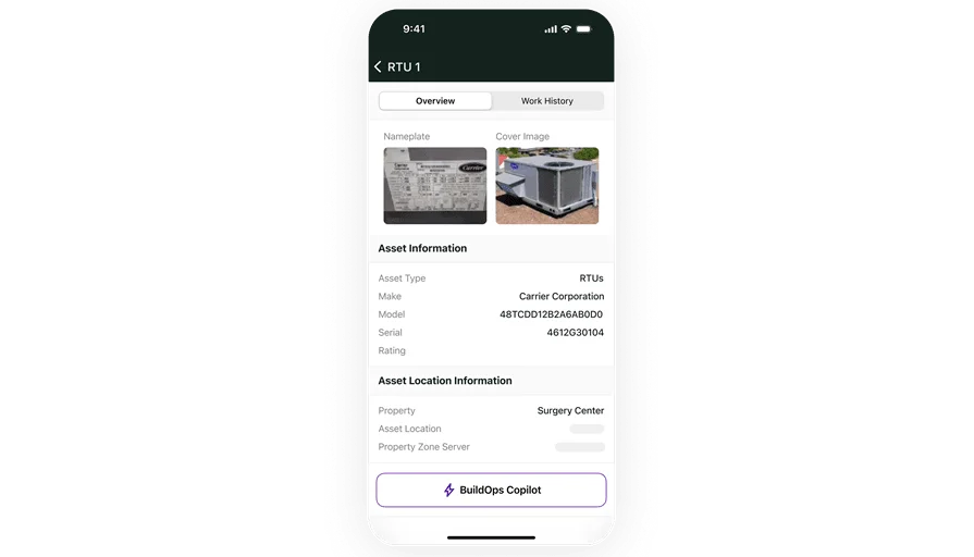 Mobile view of asset tracking for HVAC units in BuildOps