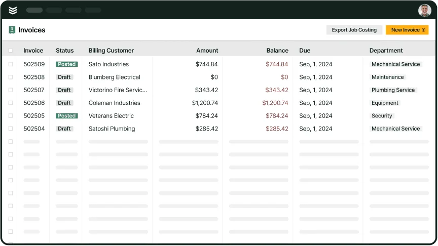 BuildOps invoice dashboard with customer payment status