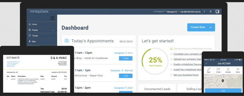 A mock-up of mHelpDesk interfaces on laptop, tablet, and mobile phone
