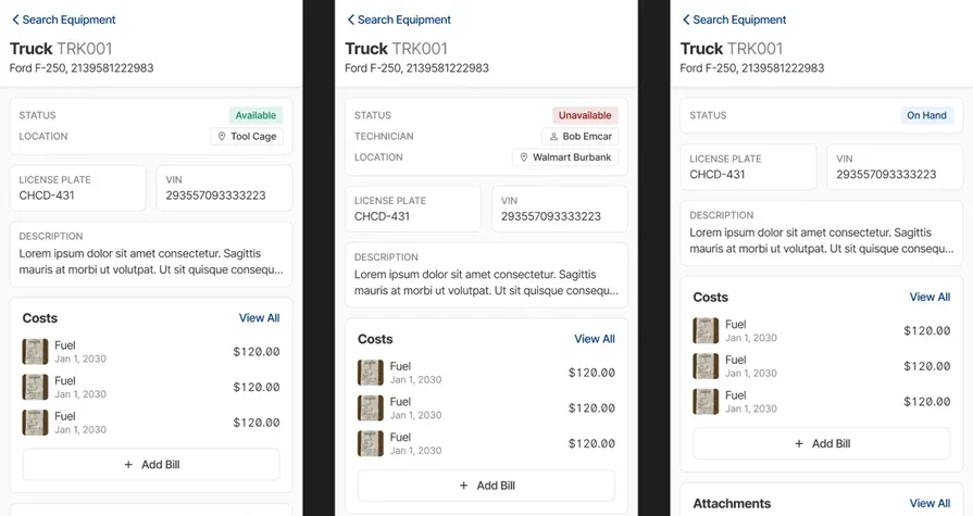 Equipment management view in BuildOps with photo attachments
