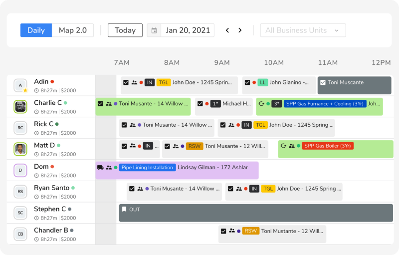 A mock-up of ServiceTitan’s scheduling and dispatch interface