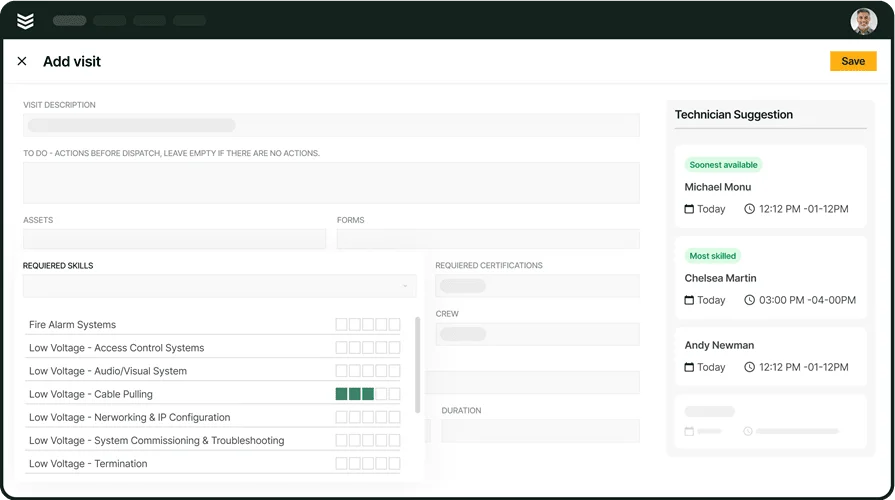 AI-powered technician suggestion for scheduled visit in BuildOps