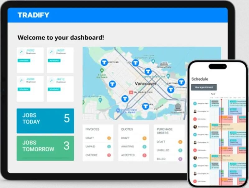A mock-up of Tradify’s dashboard on tablet and scheduling interface on mobile phone