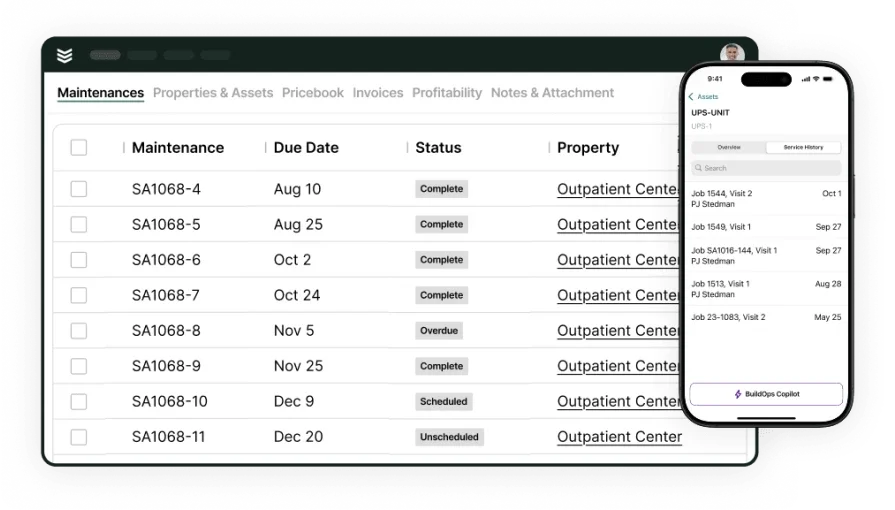 BuildOps electrical maintenance history dashboard