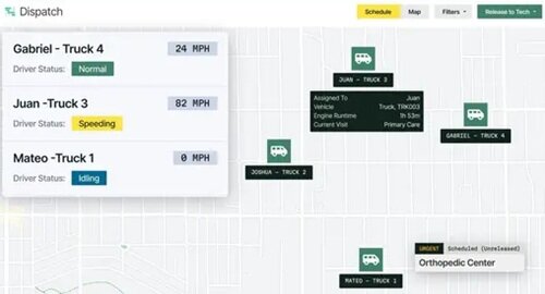 Dispatching tool showing technician status.