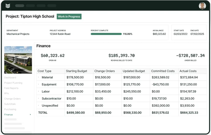 BuildOps dashboard showing project costing data