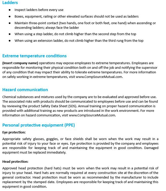An excerpt from CompSource Mutual’s sample HVAC safety manual