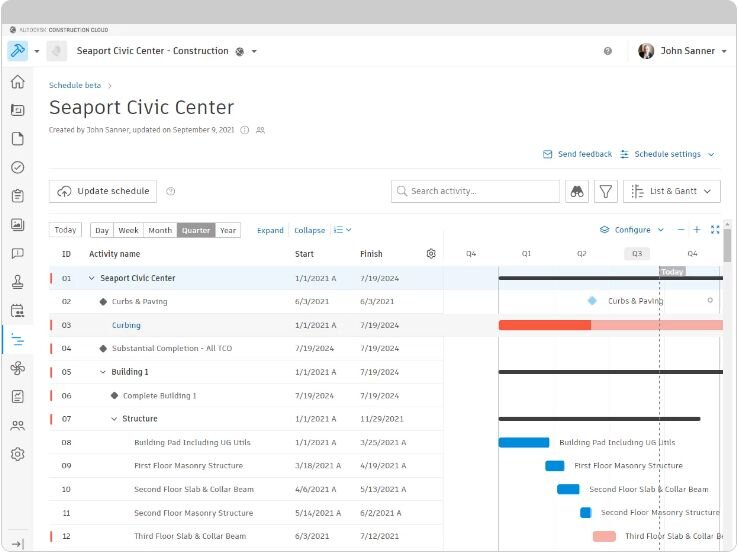 A demo of Autodesk Build’s construction project scheduling interface