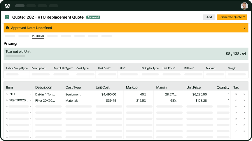 Sample BuildOps invoice adjusted for profit margins and tax