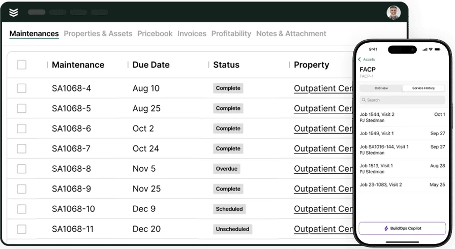 Fire safety maintenance history dashboard in BuildOps