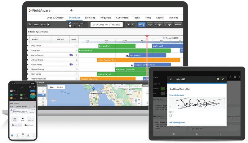 A mock-up of FieldAware’s interfaces on laptop, mobile phone, and tablet