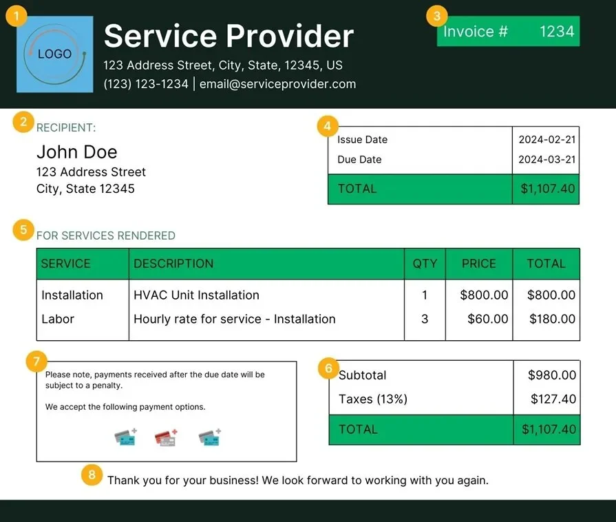 Example of an invoice for HVAC contractors