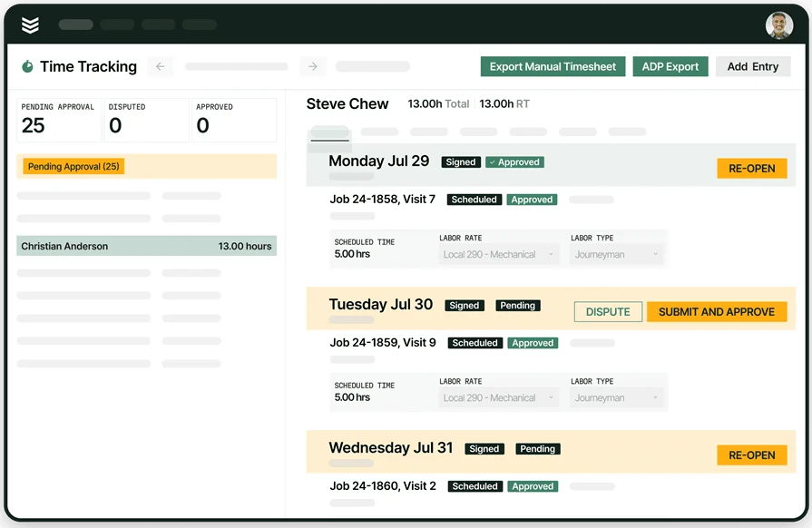BuildOps time tracking dashboard with 3 days of work completed