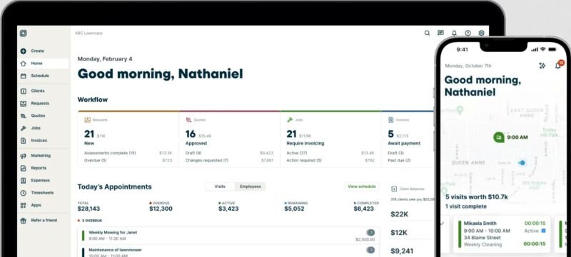 A mock-up of Jobber’s desktop dashboard and mobile app