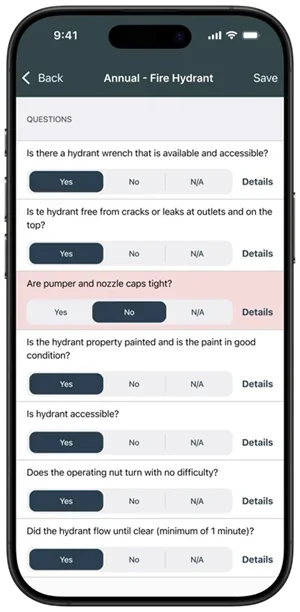 Inspect Point BuildOps mobile view of fire hydrant annual inspection