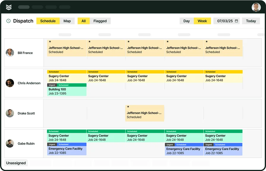 Weekly schedule view in BuildOps with assigned jobs