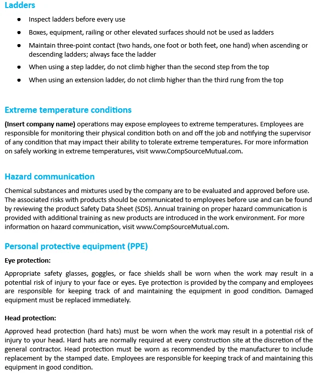 An excerpt from CompSource Mutual’s sample HVAC safety manual