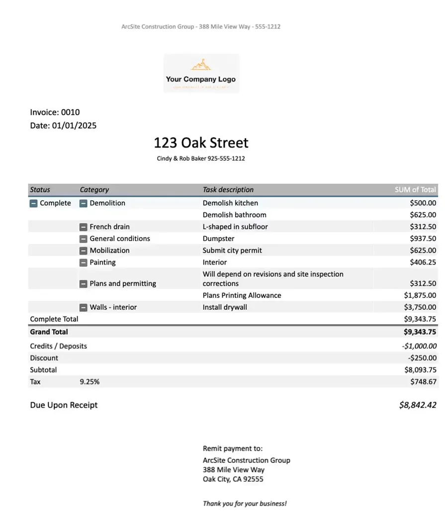 ArcSite invoice template