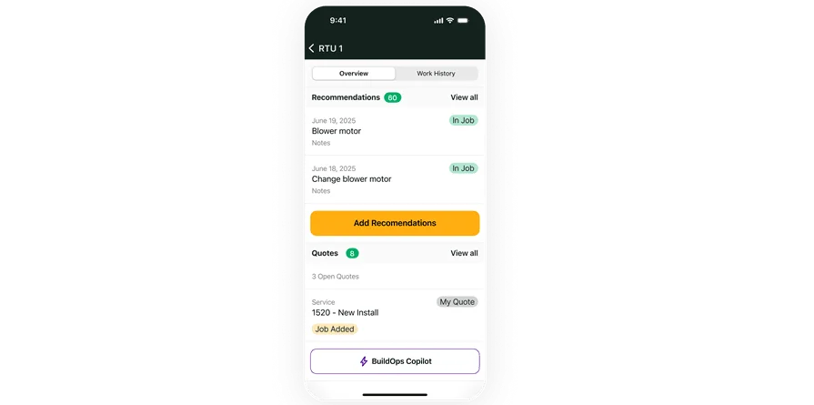 Tech making recommendations for work in BuildOps app