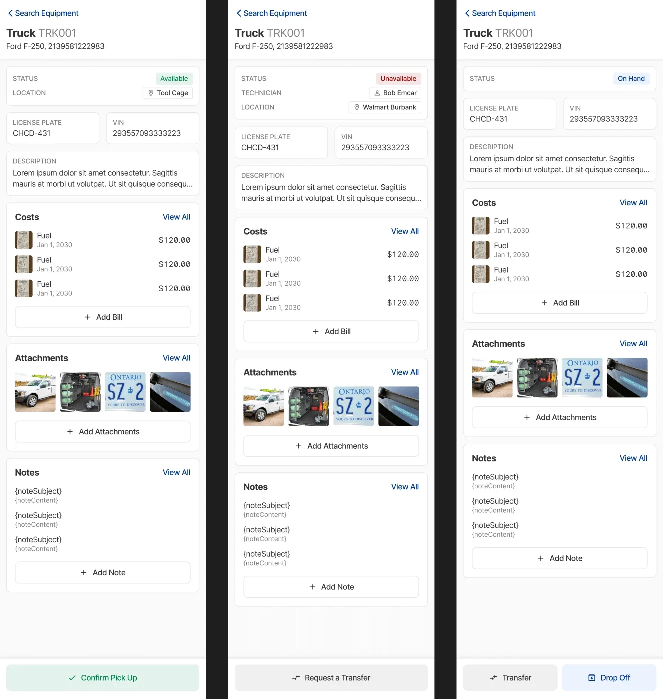 3 panel view of equipment tracking app showing a change in equipment status