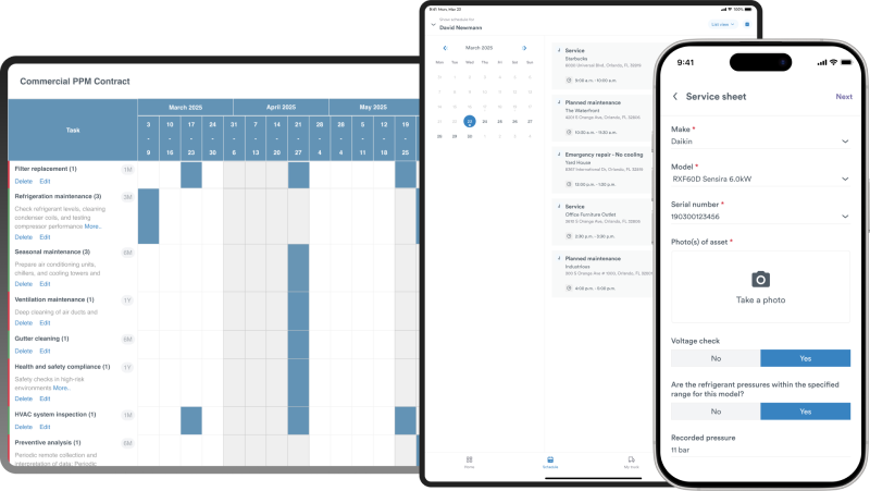 A mock-up of Commusoft’s calendar functions on desktop, tablet, and mobile phone
