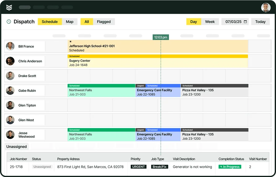 Schedule view in BuildOps with unassigned jobs