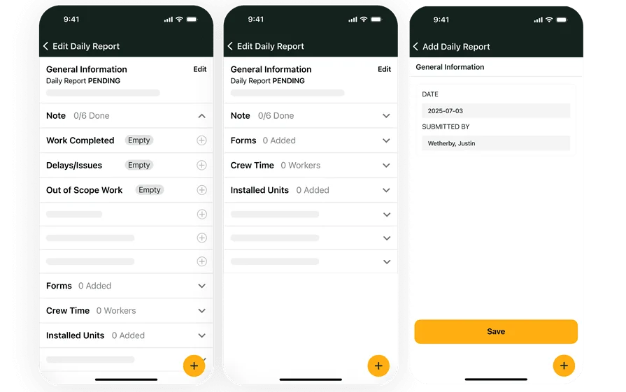 3-panel mobile view of technician daily reports in BuildOps
