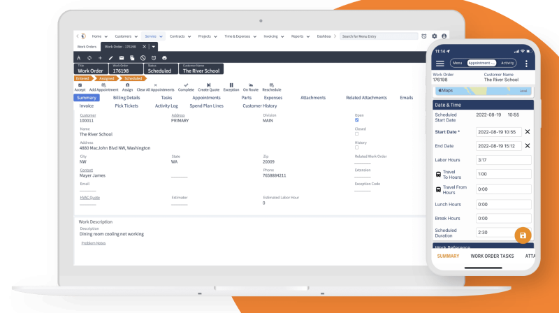 A mock-up of Fieldpoint’s work order functions on desktop and mobile phone