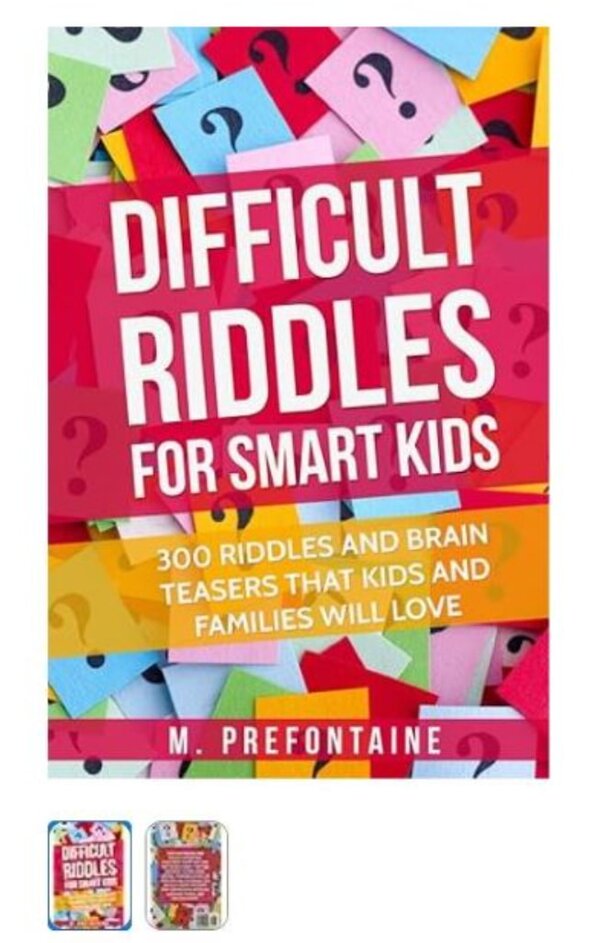 A colorful book cover featuring the title "Difficult Riddles for Smart Kids" with playful illustrations of question marks.