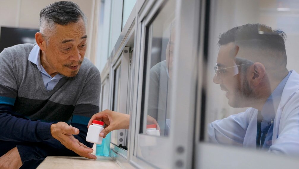 Older man receiving medication from pharmacist through window