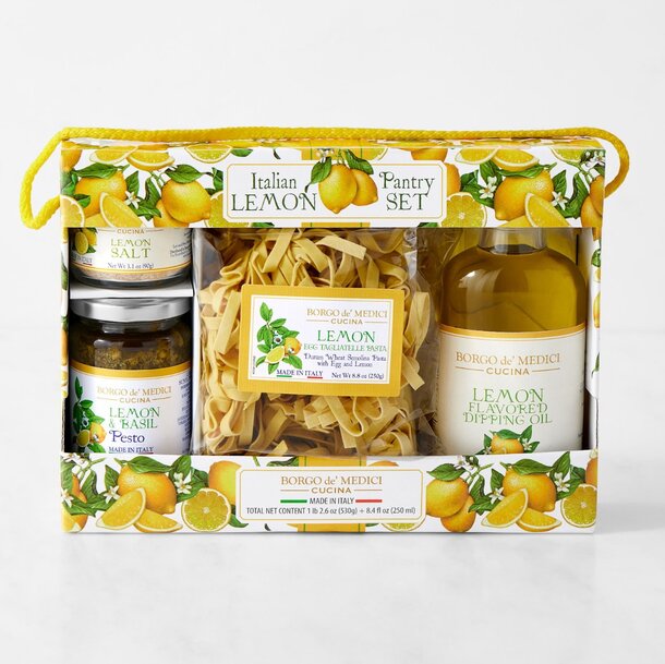 A gift set featuring lemons and pasta, including a decorative box and two jars for storage or presentation.
