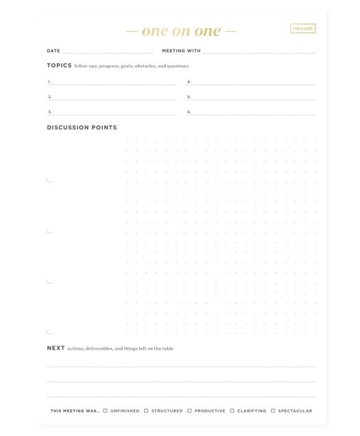 One-on-one meeting template with sections for date, topics, discussion points, next actions, and meeting evaluation checkboxes.