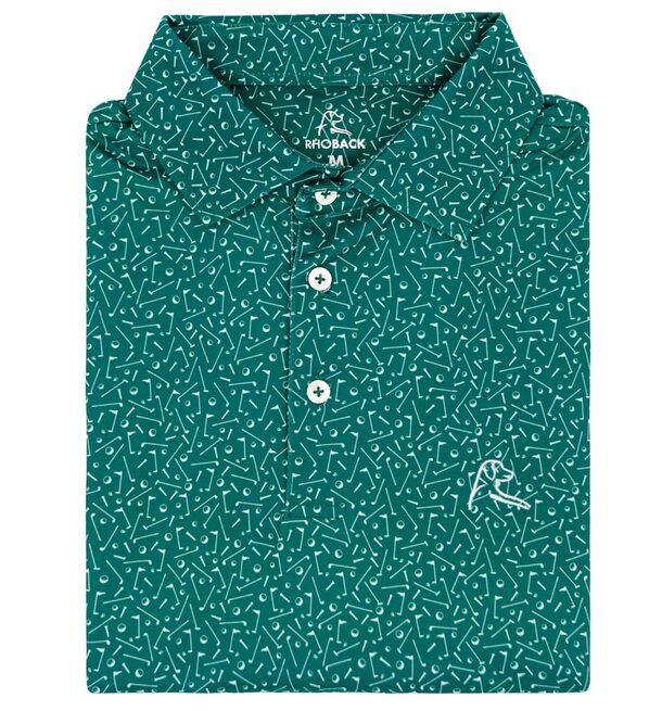Green polo shirt featuring a small white logo on the front.